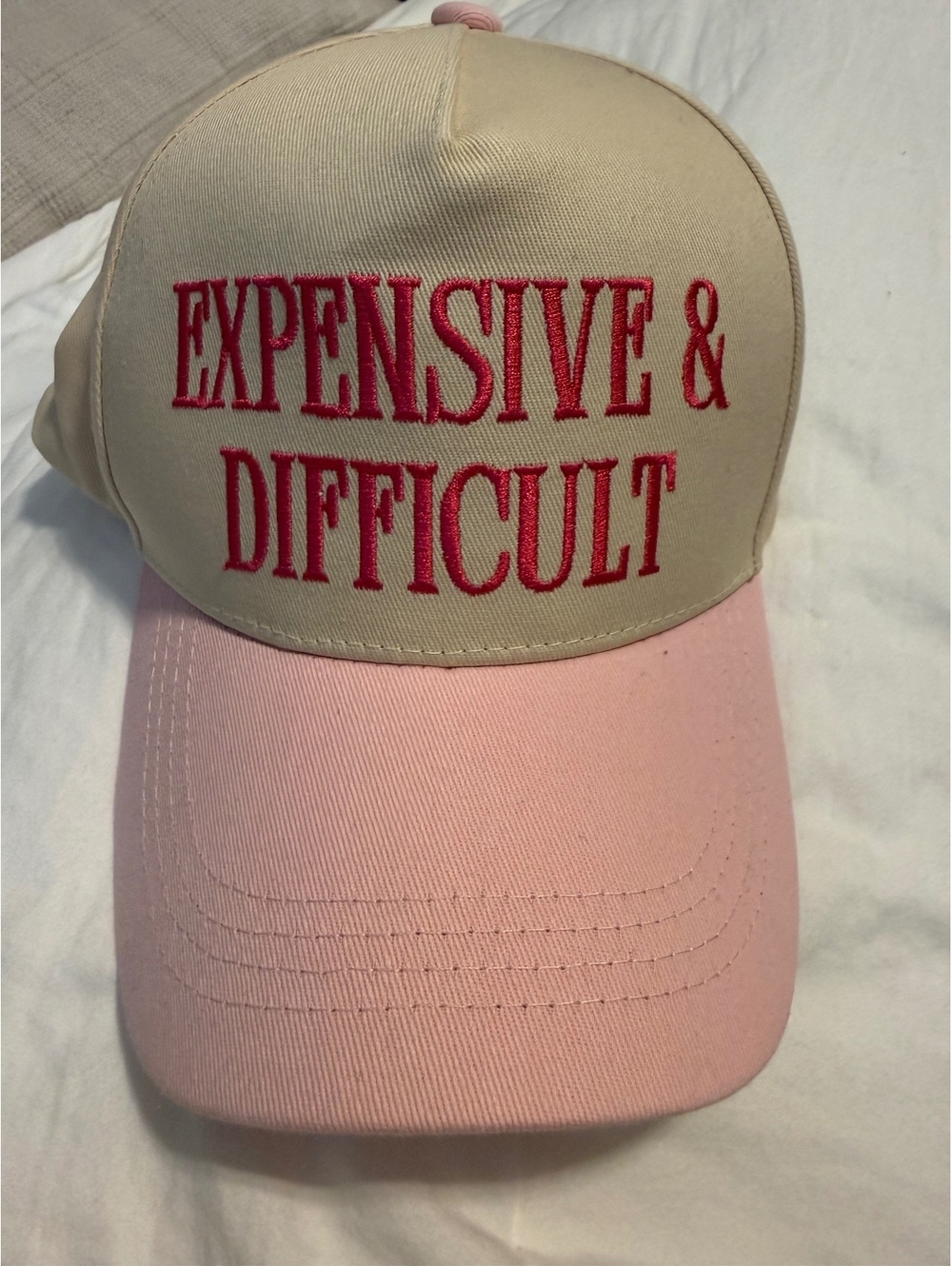 Beige and pink 'Expensive & Difficult' baseball cap